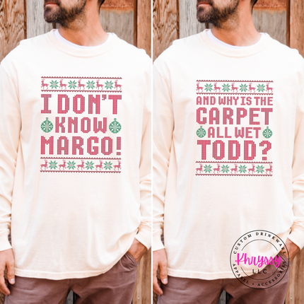 Close up of the Carpet All Wet Todd art on an Ivory long sleeve tee.