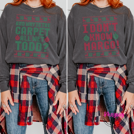 Pepper long sleeve tee showing knit style lettering with holiday borders.