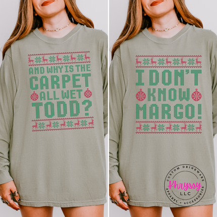 Flat lay of the Carpet All Wet Todd Christmas long sleeve tee in Sandstone.