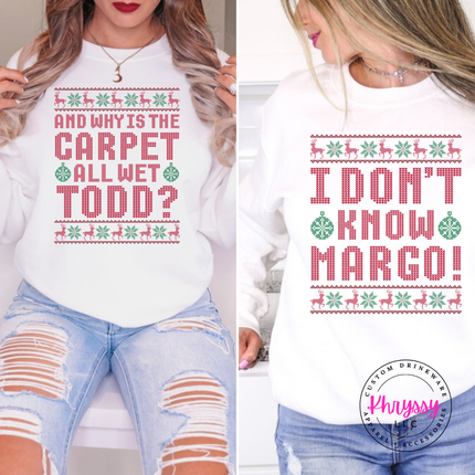 Flat lay of the Carpet All Wet Todd Christmas crewneck sweatshirt in White.