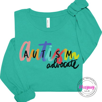 Colorful autism advocate graphic shown on a Teal colored tee.