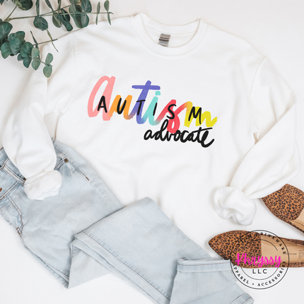 Autism advocate crewneck sweatshirt in White with colorful rainbow script.