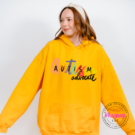 Cozy Gold hoodie with colorful autism advocate design.