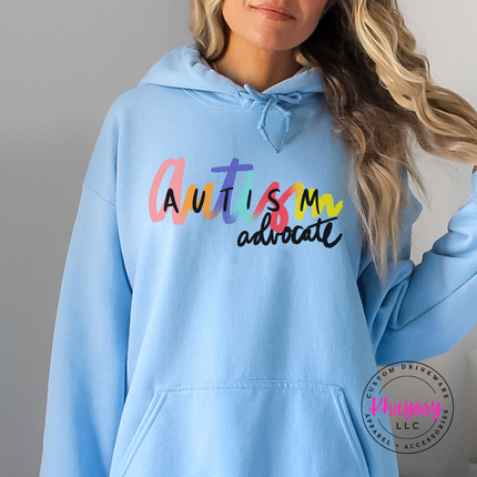 Colorful rainbow script graphic on a cozy Light Blue pullover hoodie.