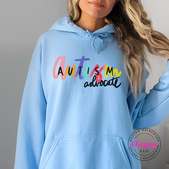 Colorful rainbow script graphic on a cozy Light Blue pullover hoodie.