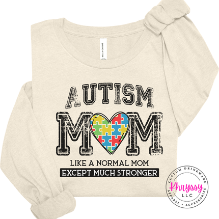Heather Natural long sleeve featuring bold distressed Autism Mom lettering.