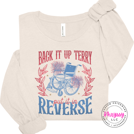 Soft cream Bella Canvas long sleeve showing the put it in reverse fireworks design