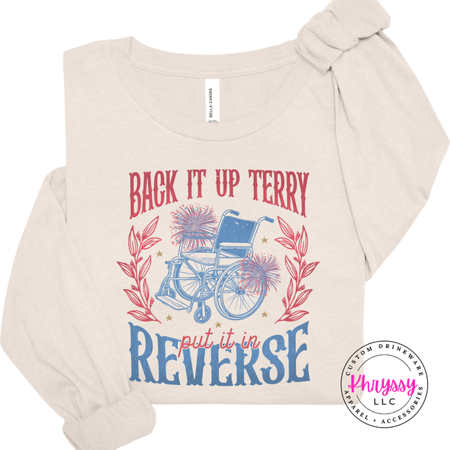 Soft cream Bella Canvas long sleeve showing the put it in reverse fireworks design