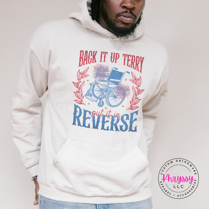 Sand hoodie featuring the floral wheelchair and fireworks graphic