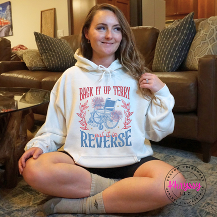 White heavyweight hoodie with red and blue put it in reverse design