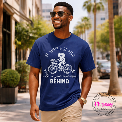 True Navy tee showing a white frog on a bike with leave your worries behind