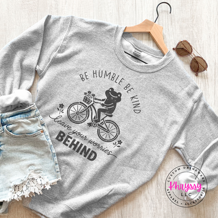 Sport Grey crewneck sweatshirt featuring the be humble be kind frog bicycle design