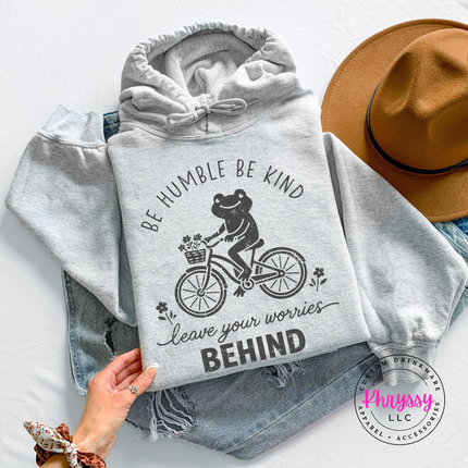 Ash hoodie with the be humble be kind frog on a bike design
