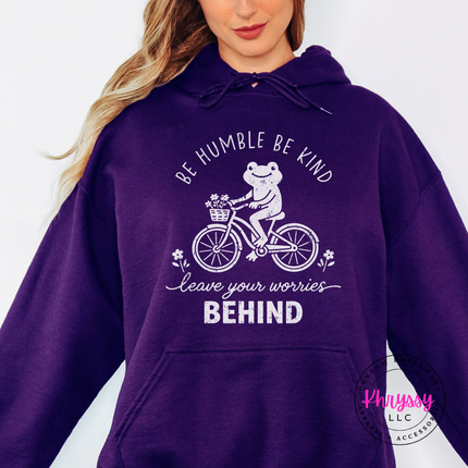 Purple hoodie printed with the white leave your worries behind frog design