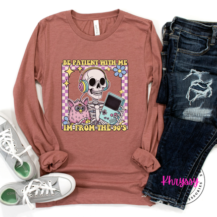 Bella Canvas fitted 90s humor long sleeve with vibrant skeleton headphones design