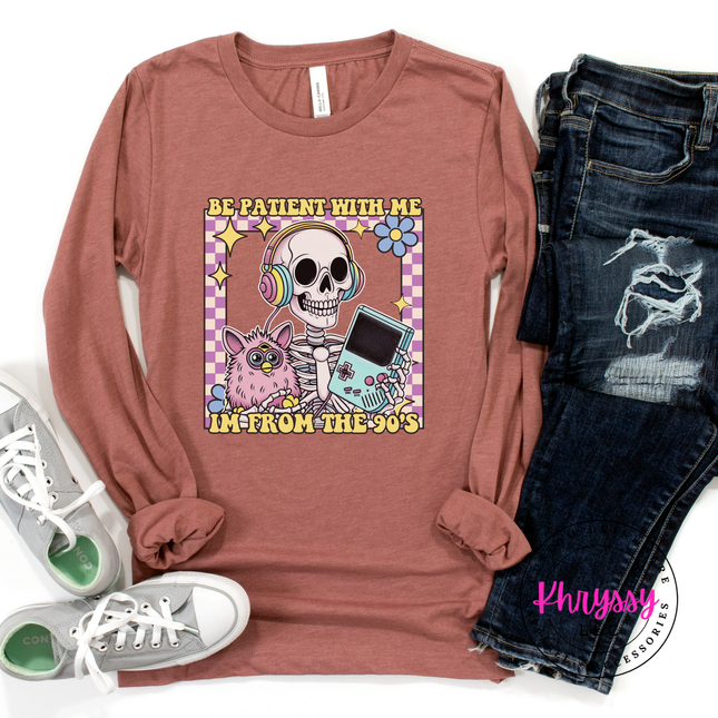 Bella Canvas fitted 90s humor long sleeve with vibrant skeleton headphones design