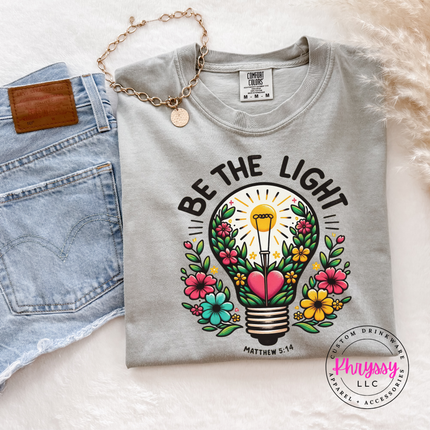 Granite tee with a floral lightbulb and Be The Light Matthew 5:14 design