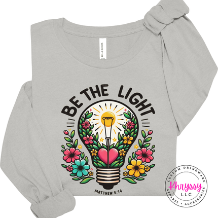 Silver long sleeve tee with a bright floral lightbulb faith design