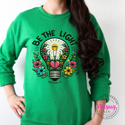 Irish Green crewneck sweatshirt with bold Be The Light lettering and florals