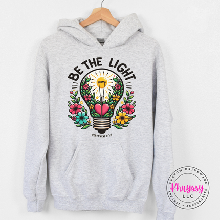 Ash Grey hoodie with a floral lightbulb Be The Light design on the chest
