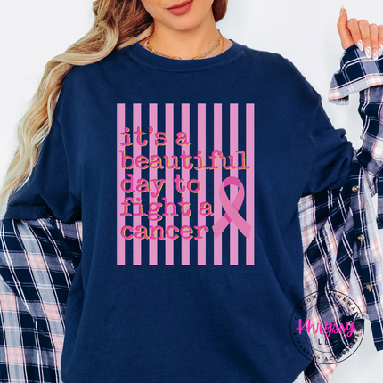 Soft True Navy tee printed with the beautiful day to fight cancer ribbon design