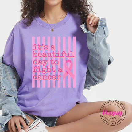 Violet tee shown front view with the beautiful day to fight cancer ribbon design