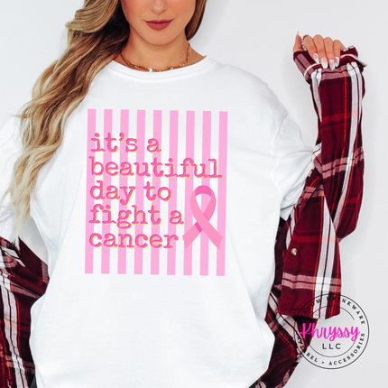 Relaxed fit White tee displaying the beautiful day to fight cancer ribbon design