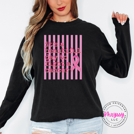 Black long sleeve tee styled flat with the beautiful day to fight cancer ribbon design