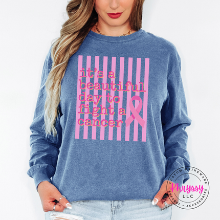 Blue Jean long sleeve tee with the beautiful day to fight cancer ribbon design