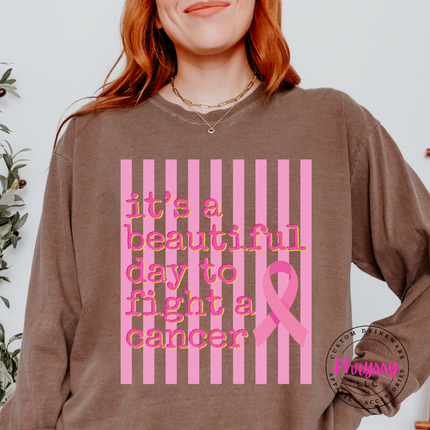 Soft Espresso long sleeve tee printed with the beautiful day to fight cancer ribbon design