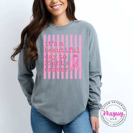 Relaxed fit Gray long sleeve tee displaying the beautiful day to fight cancer ribbon design