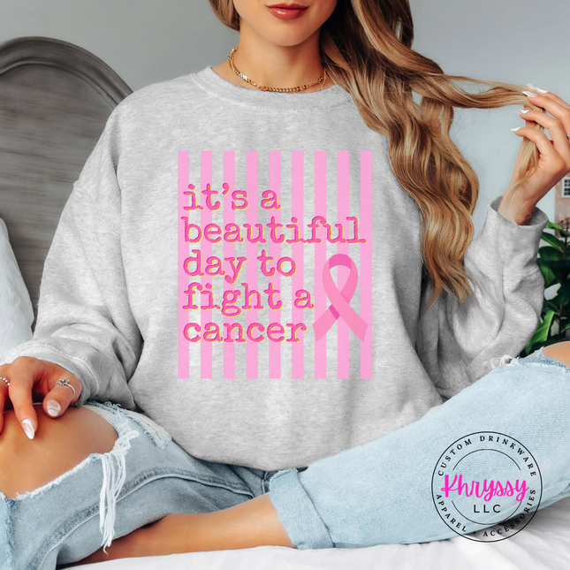 Ash crewneck sweatshirt styled flat with the beautiful day to fight cancer ribbon design