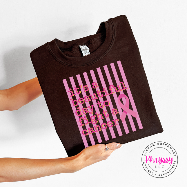 Soft Dark Chocolate crewneck sweatshirt printed with the beautiful day to fight cancer ribbon design
