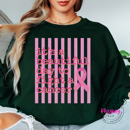 Forest crewneck sweatshirt shown front view with the beautiful day to fight cancer ribbon design