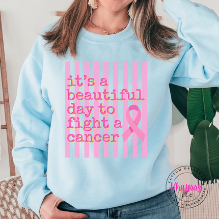 Relaxed fit Light Blue crewneck sweatshirt displaying the beautiful day to fight cancer ribbon design