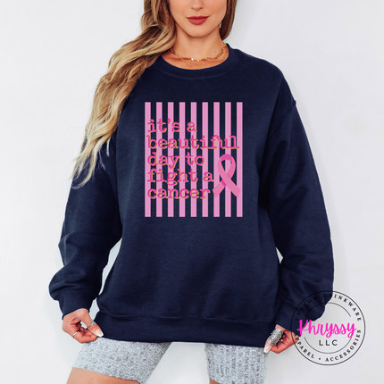 Navy crewneck sweatshirt with the beautiful day to fight cancer ribbon design