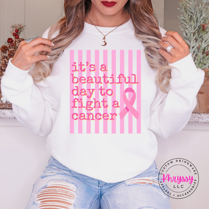 White crewneck sweatshirt styled flat with the beautiful day to fight cancer ribbon design