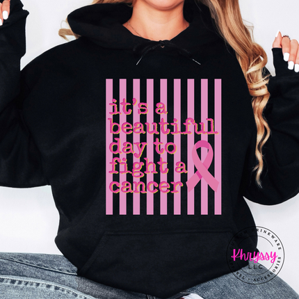 Black hoodie shown front view with the beautiful day to fight cancer ribbon design