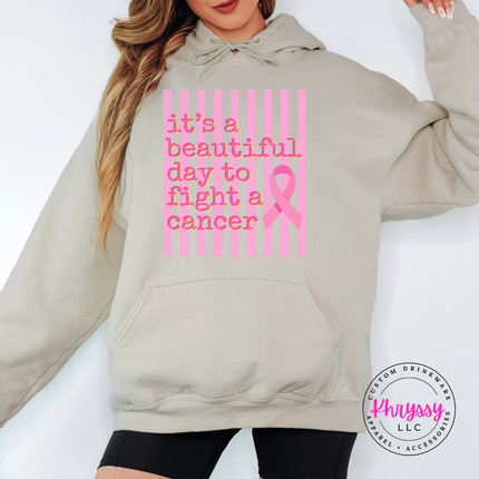 Close view of a Sand hoodie with the beautiful day to fight cancer ribbon design