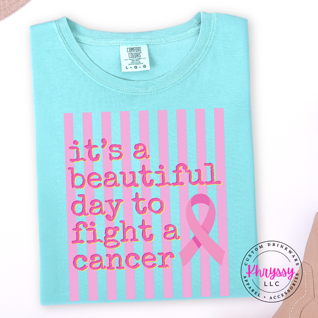 Folded Chalky Mint tee featuring the beautiful day to fight cancer ribbon design