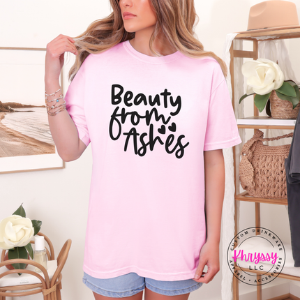 Blossom tee with elegant black Beauty From Ashes script lettering