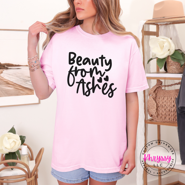 Blossom tee with elegant black Beauty From Ashes script lettering