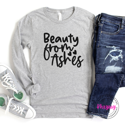 Athletic Heather long sleeve tee with elegant Beauty From Ashes script