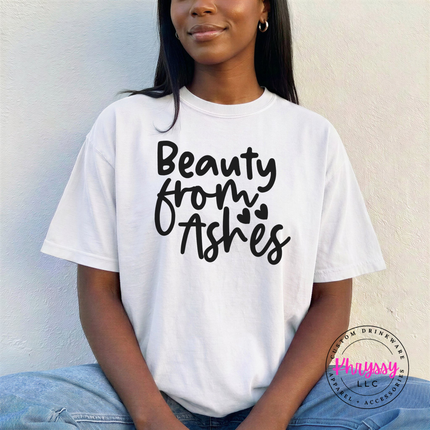 White tee with delicate Beauty From Ashes script and heart accents