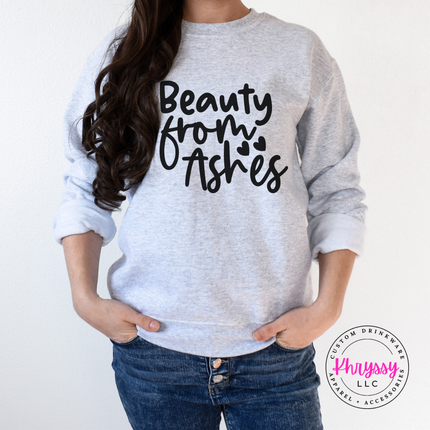 Ash Grey crewneck sweatshirt with elegant Beauty From Ashes script