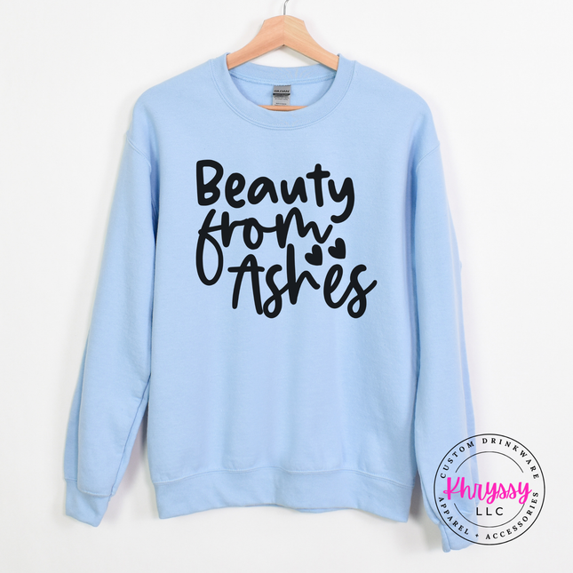 
Light Blue crewneck sweatshirt featuring a flowing faith redemption design
