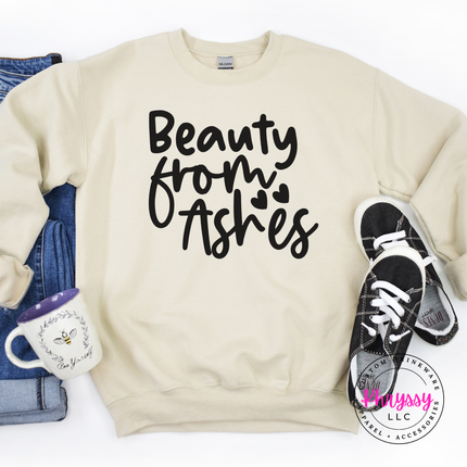 Sand crewneck sweatshirt showing a delicate Christian script graphic