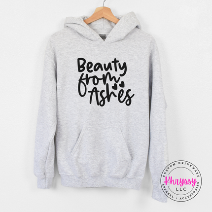 Ash Grey hoodie with elegant Beauty From Ashes script on the chest