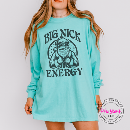 Close up of the Big Nick Energy art on a Chalky Mint long sleeve tee.