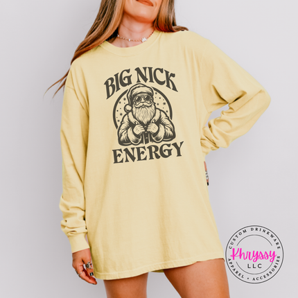 Model wearing the Big Nick Energy long sleeve tee in Butter.